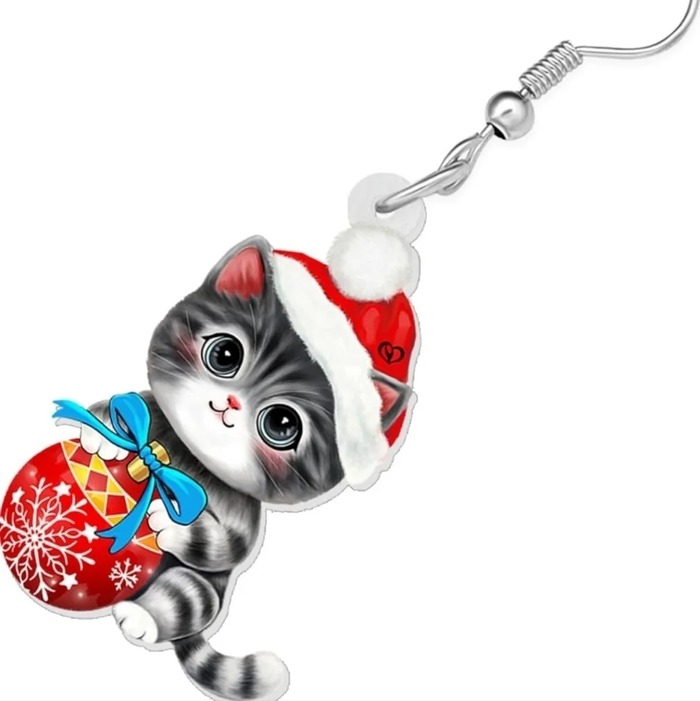 Festive Cat Earrings - Red and Gray
